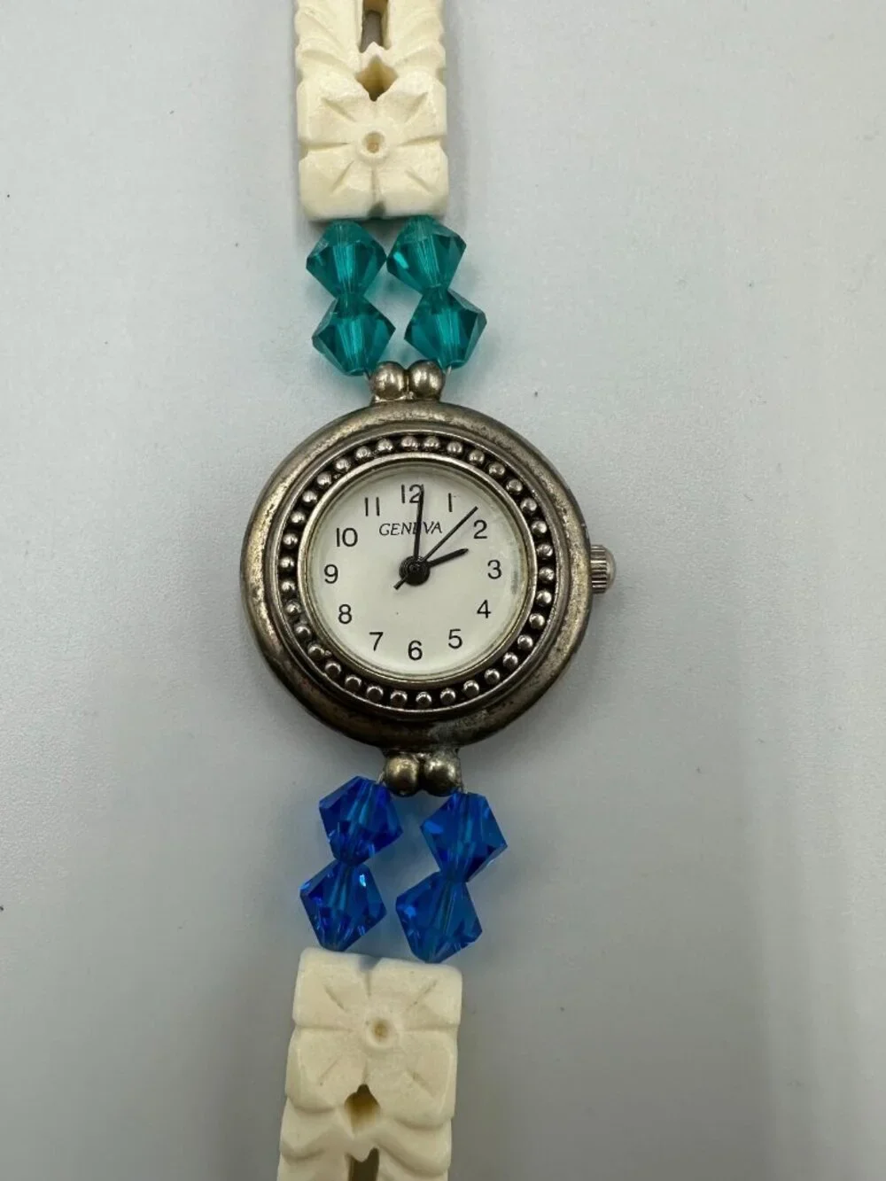 Geneva Watch Women Silver Tone White Carved Beaded Band Toggle Clasp 7.25 Inch